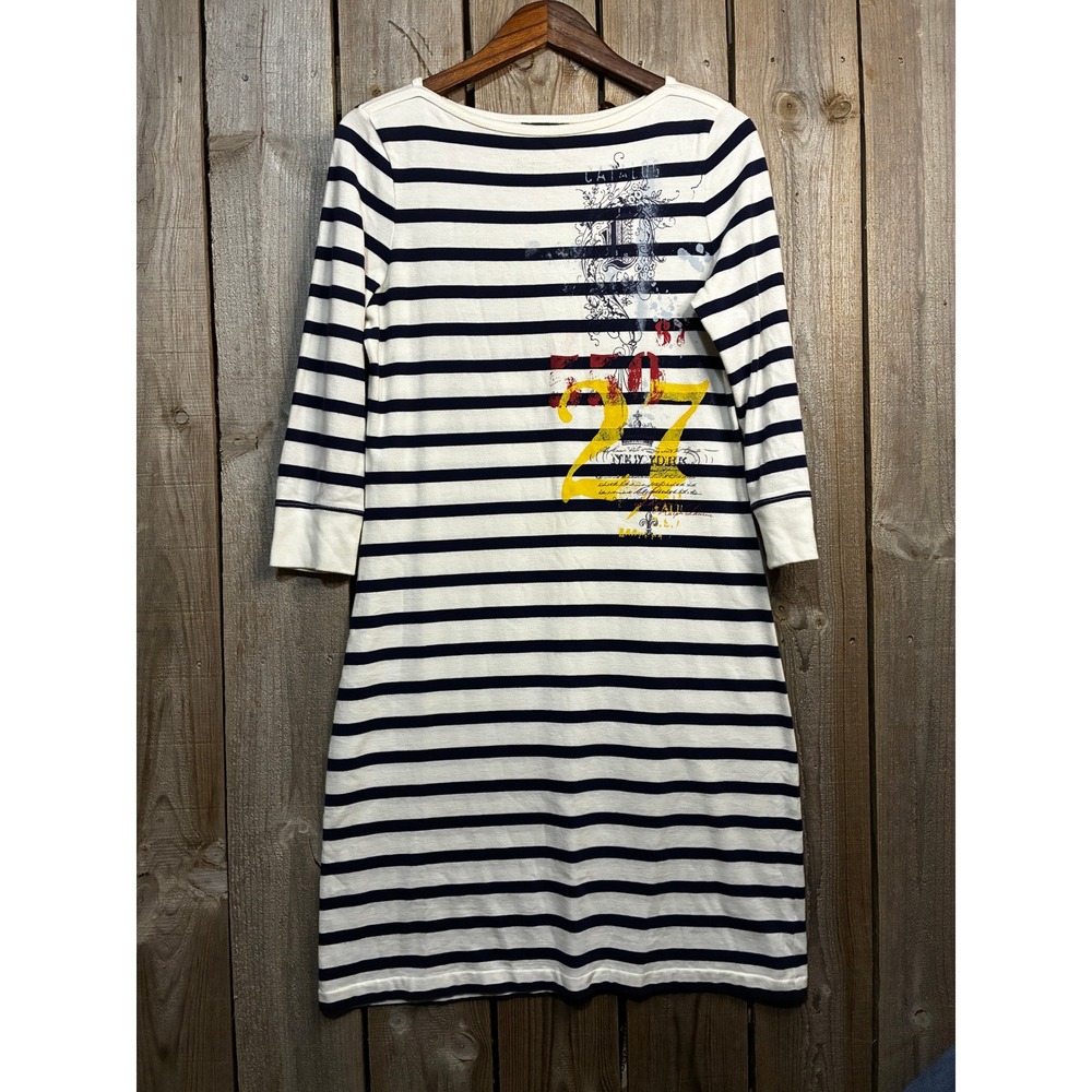 Lauren Ralph Lauren Striped T-Shirt Dress Navy White Graphic 27 Small
